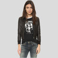Halle Black Bomber Leather Jacket - Shearling leather