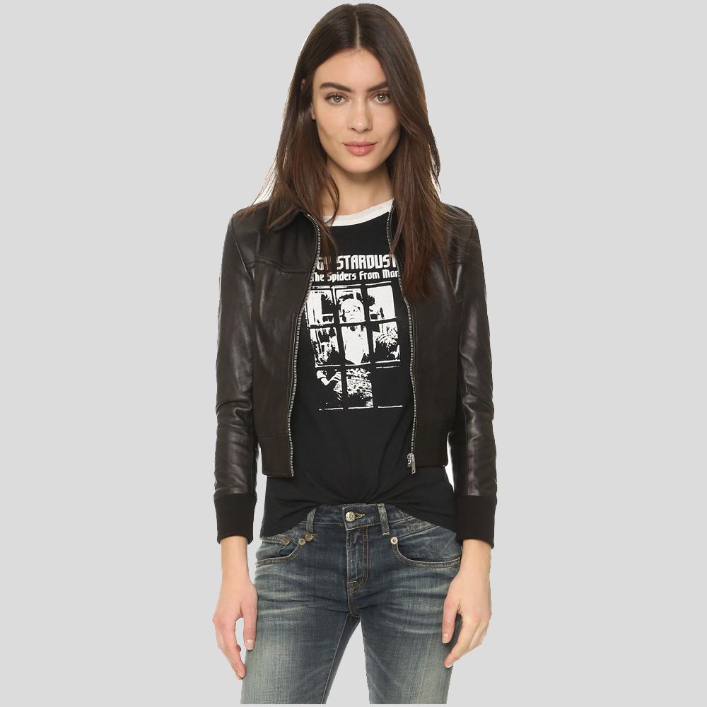 Halle Black Bomber Leather Jacket - Shearling leather