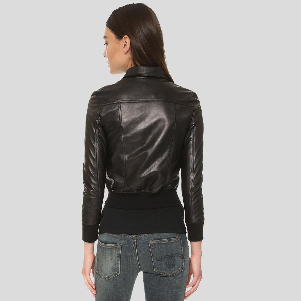 Halle Black Bomber Leather Jacket - Shearling leather