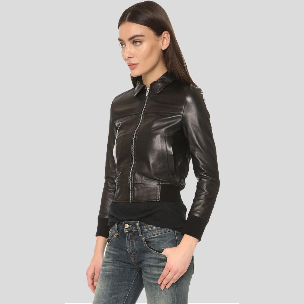 Halle Black Bomber Leather Jacket - Shearling leather