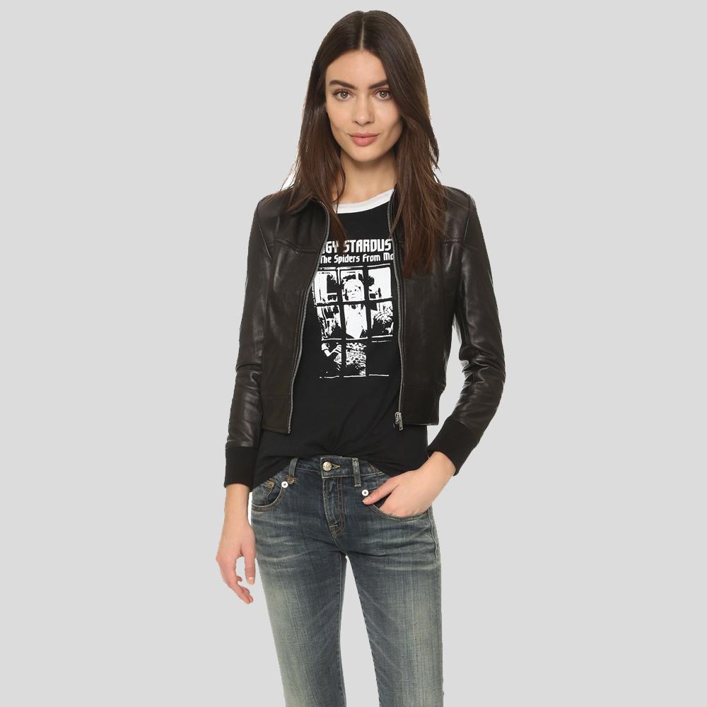 Halle Black Bomber Leather Jacket - Shearling leather