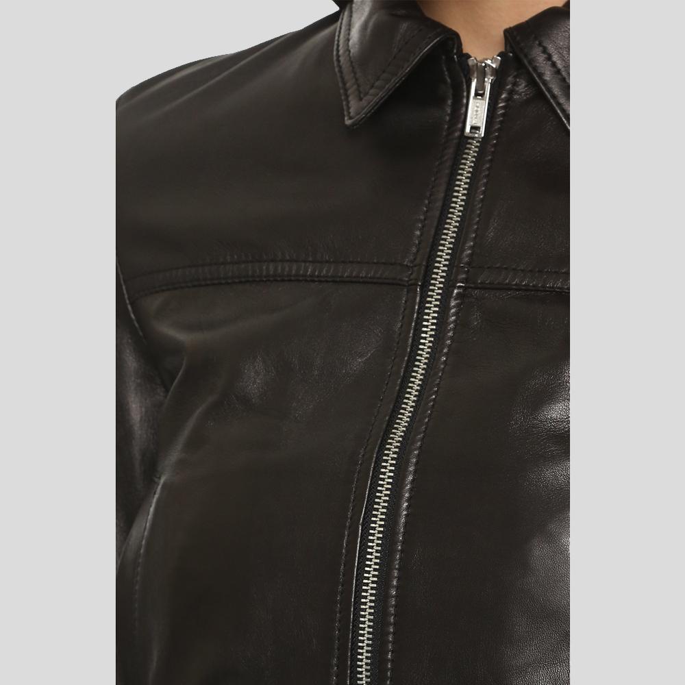 Halle Black Bomber Leather Jacket - Shearling leather
