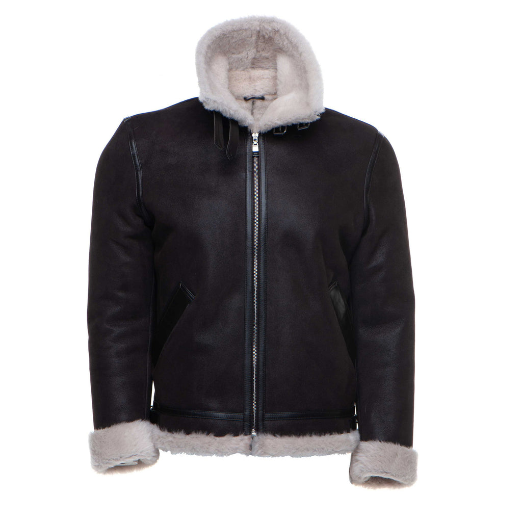 Hampton's Classic Brown Bomber Aviator Shearling Jacket with collar belt - Shearling leather