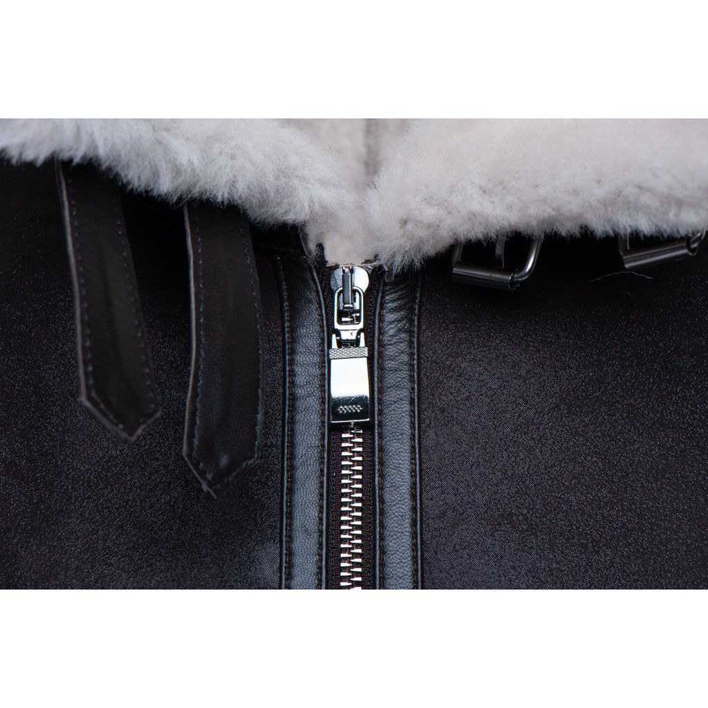 Hampton's Classic Brown Bomber Aviator Shearling Jacket with collar belt - Shearling leather