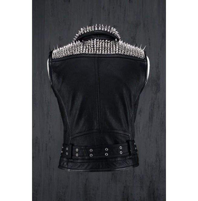 Men Belted Black Leather Vest, Men Biker Studded Jacket - Shearling leather