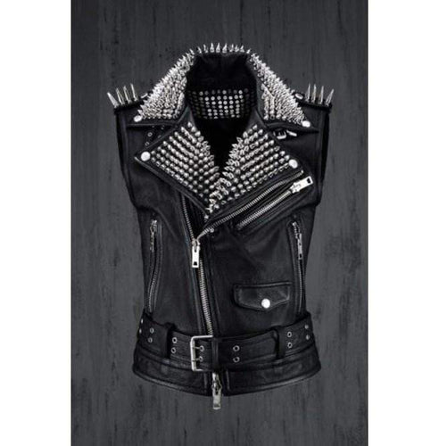 Men Belted Black Leather Vest, Men Biker Studded Jacket - Shearling leather