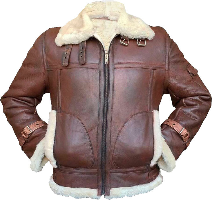 Handmade Mens Flying Leather Jacket With Fur - Shearling leather