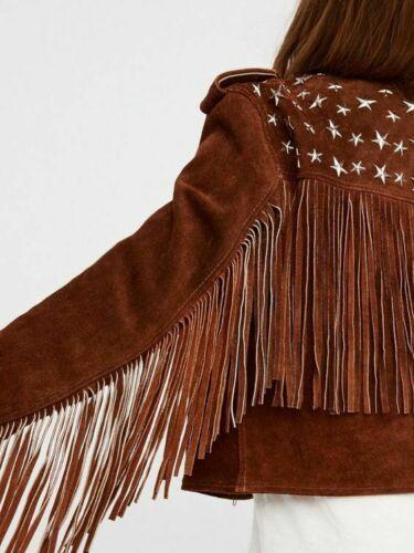 Handmade Brown Fringe Stud Jacket for women, Women studded Suede biker Jacket - Shearling leather