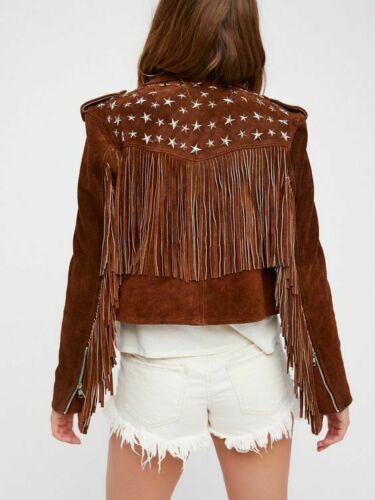 Handmade Brown Fringe Stud Jacket for women, Women studded Suede biker Jacket - Shearling leather