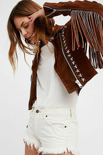 Handmade Brown Fringe Stud Jacket for women, Women studded Suede biker Jacket - Shearling leather