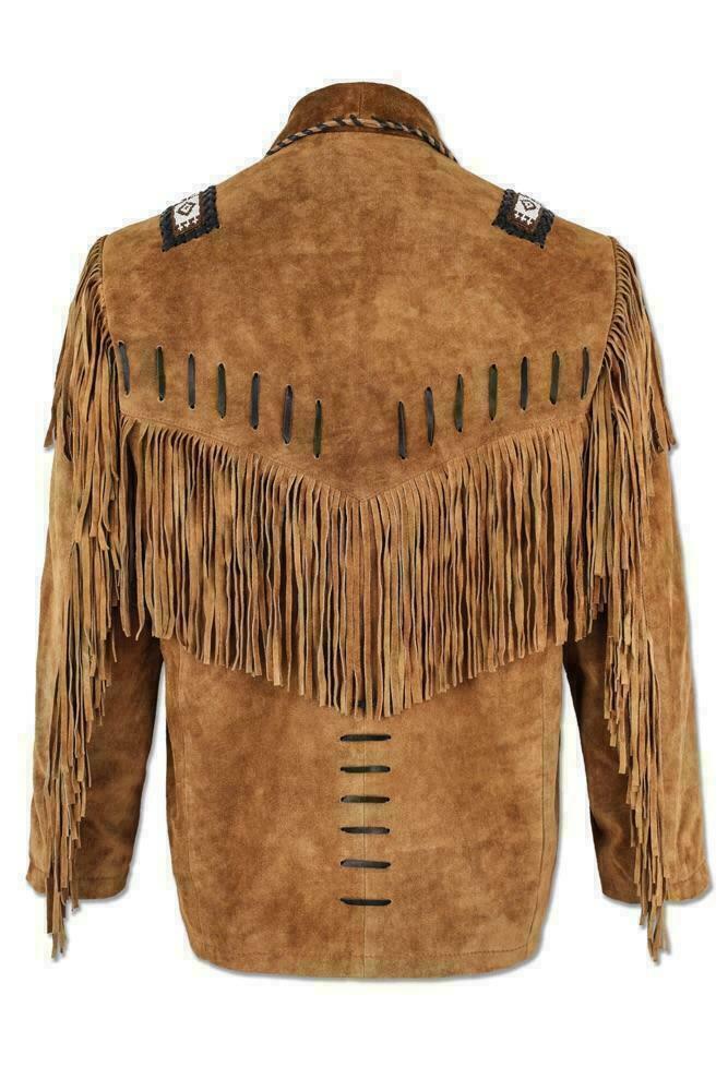 Men's 100% Suede Leather Western Fringed Jacket - Native American Cowboy Style Coat