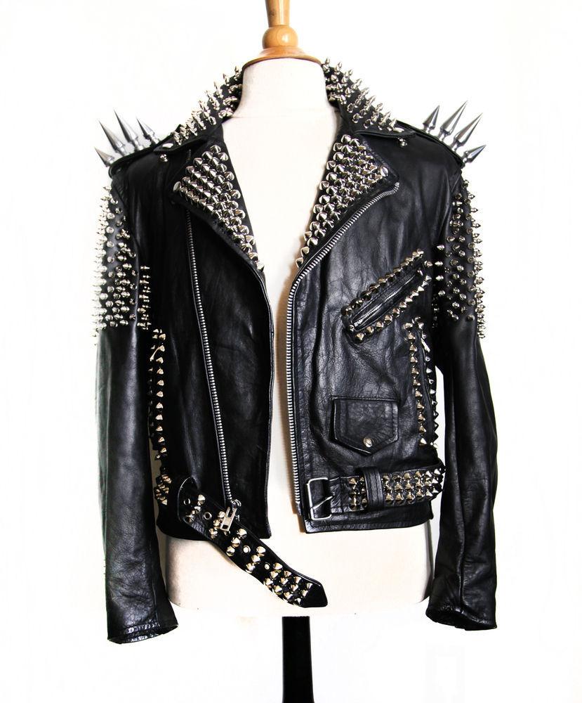 Handmade Women Black Color Silver Studded Leather Jacket - Shearling leather