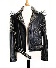 Load image into Gallery viewer, Handmade Women Black Color Silver Studded Leather Jacket - Shearling leather

