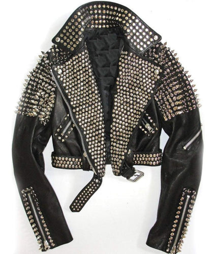 Women Black Leather Rock Women Steam Punk Style Studded Biker Jacket Silver Long Studs - Shearling leather