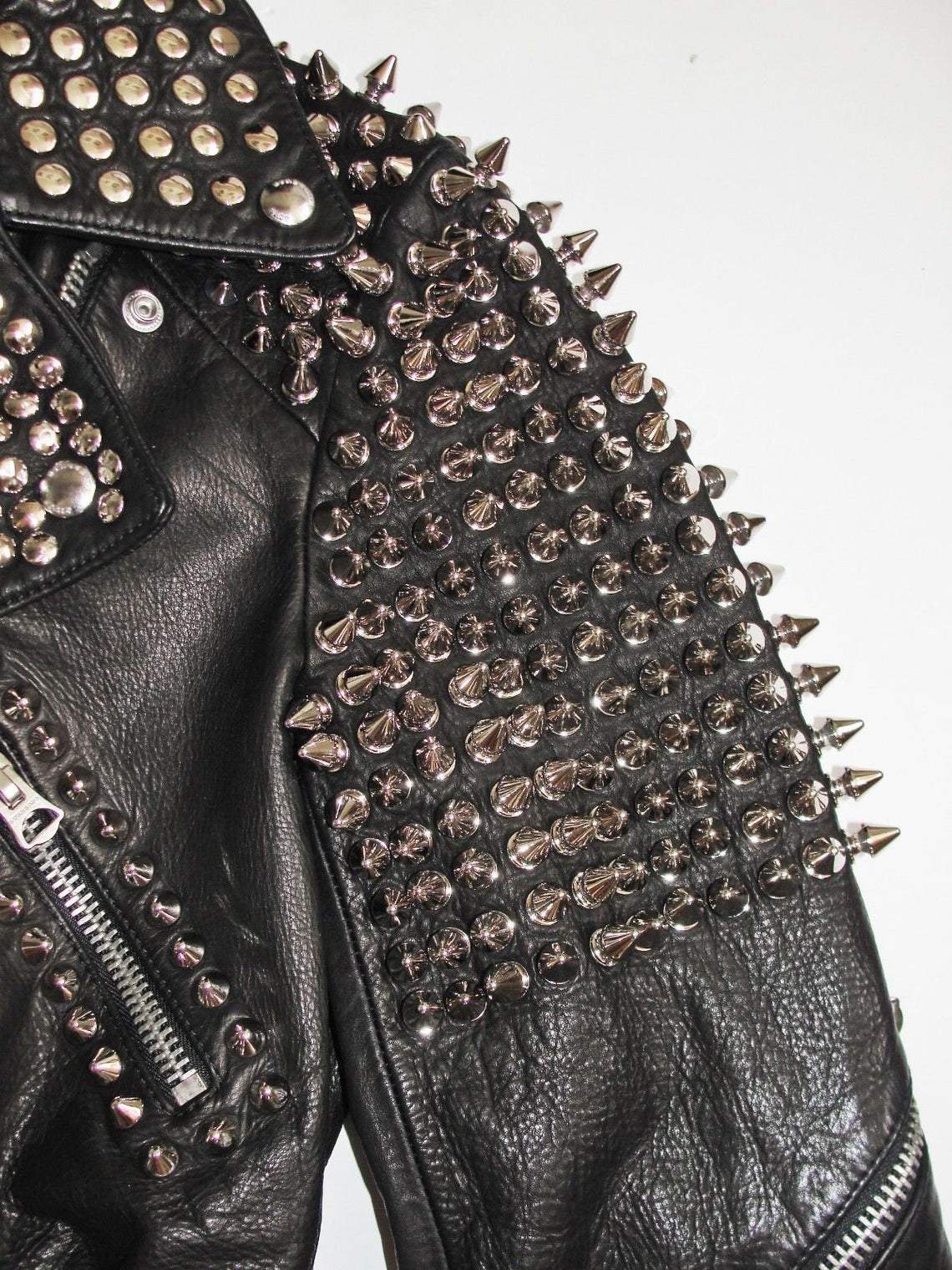 Women Black Leather Rock Women Steam Punk Style Studded Biker Jacket Silver Long Studs - Shearling leather