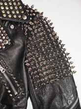 Load image into Gallery viewer, Women Black Leather Rock Women Steam Punk Style Studded Biker Jacket Silver Long Studs - Shearling leather
