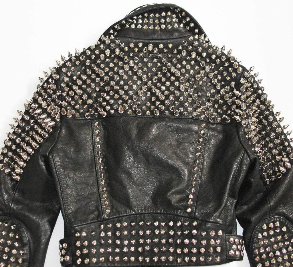 Women Black Leather Rock Women Steam Punk Style Studded Biker Jacket Silver Long Studs - Shearling leather