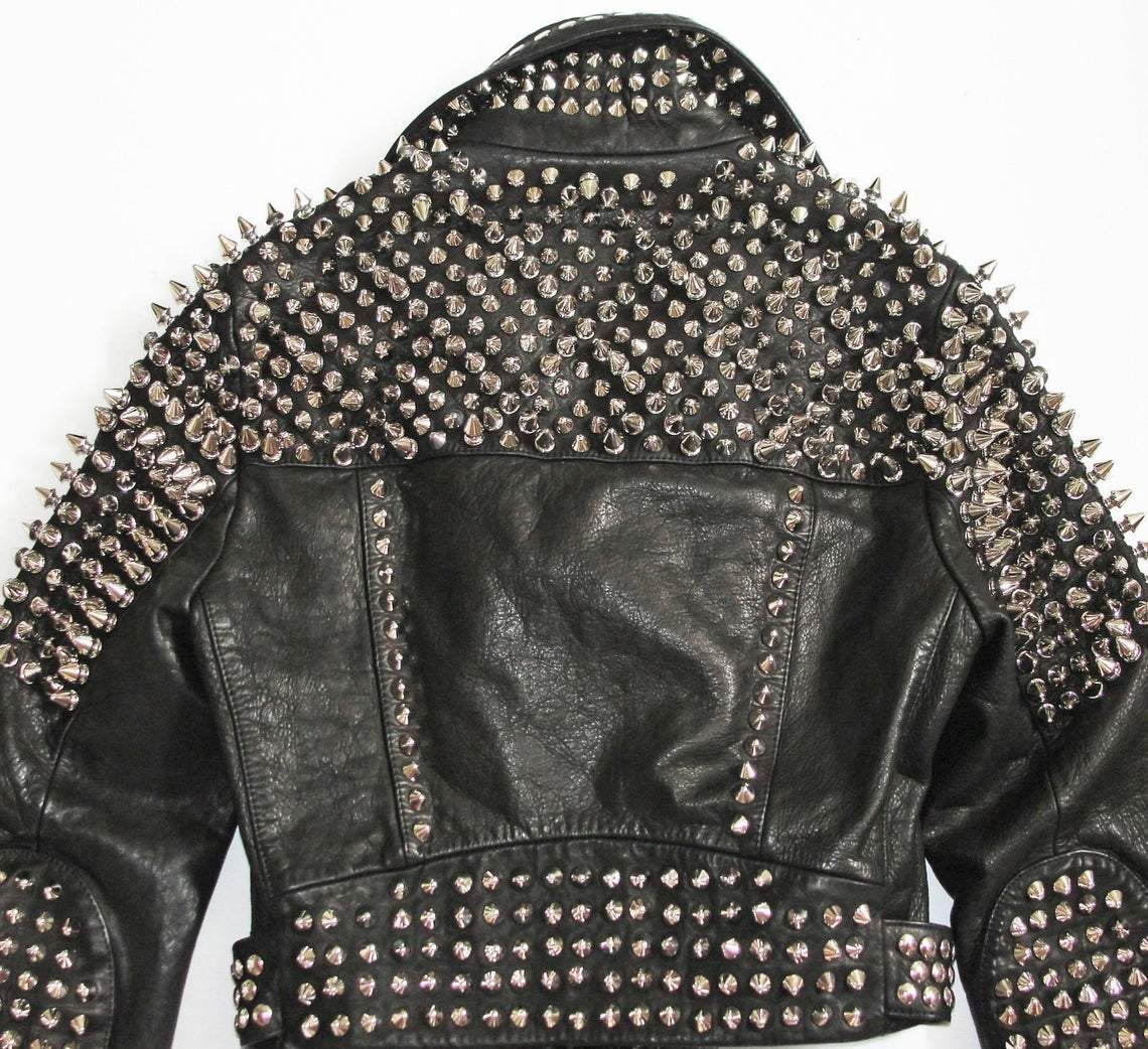 Women Black Leather Rock Women Steam Punk Style Studded Biker Jacket Silver Long Studs - Shearling leather