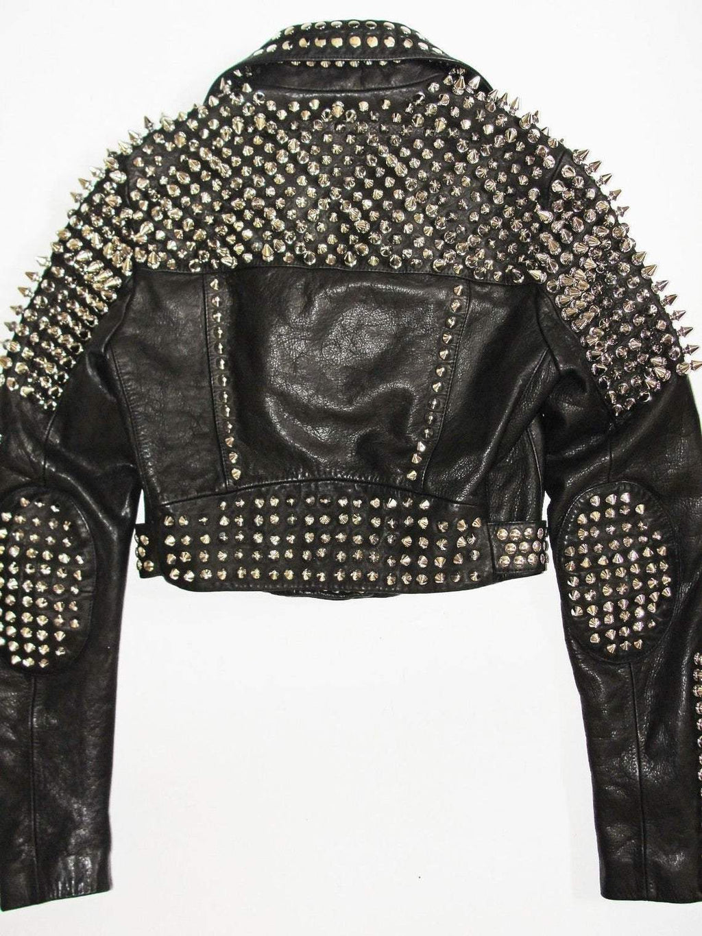 Women Black Leather Rock Women Steam Punk Style Studded Biker Jacket Silver Long Studs - Shearling leather