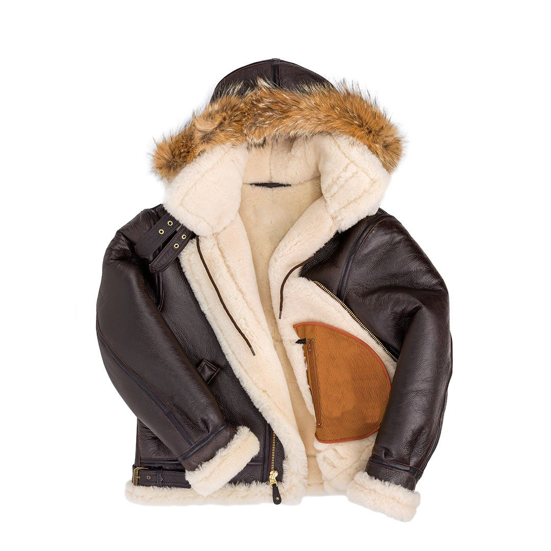 Men's Shearling B3 Fur Hoodie Style Bomber Coat - Shearling leather