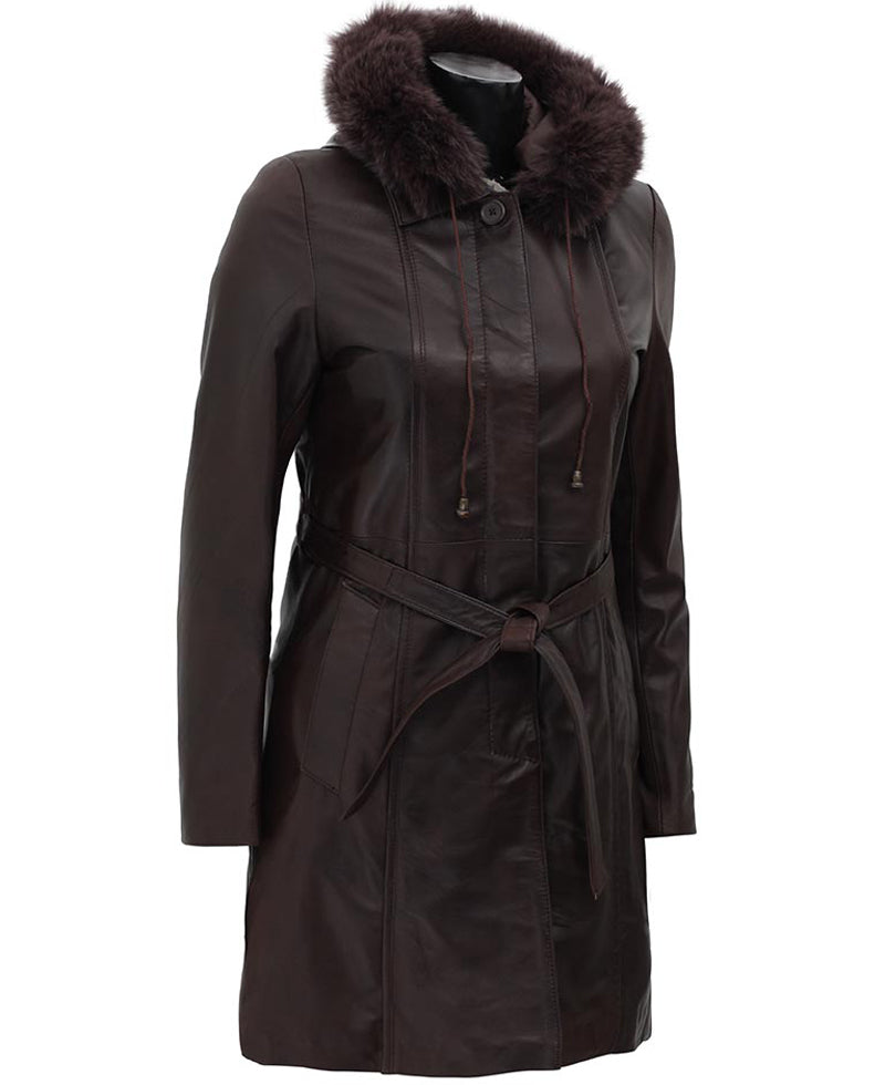 Dark Brown Leather Coat for Women With Removable Fur Hood