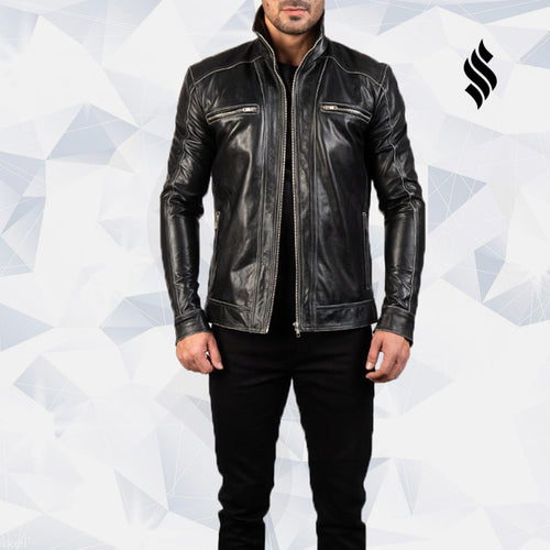 Hudson Black Leather Biker Jacket - Shearling leather