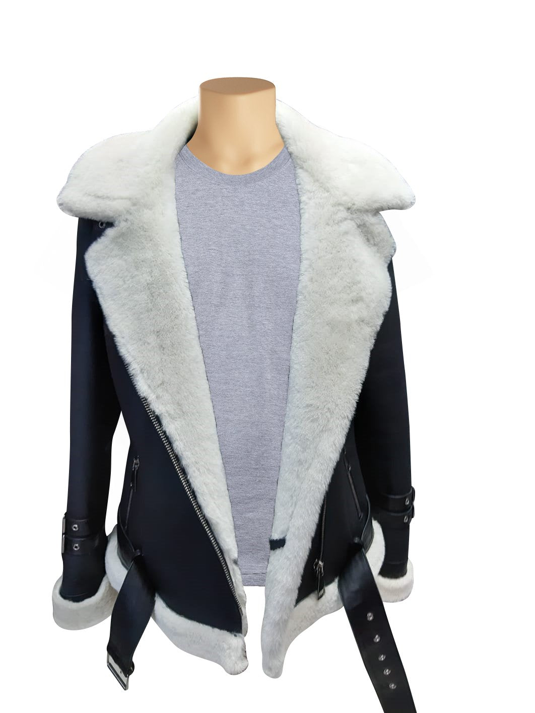 Jayne's Sheepskin Black and White Biker Shearling Jacket - Shearling leather