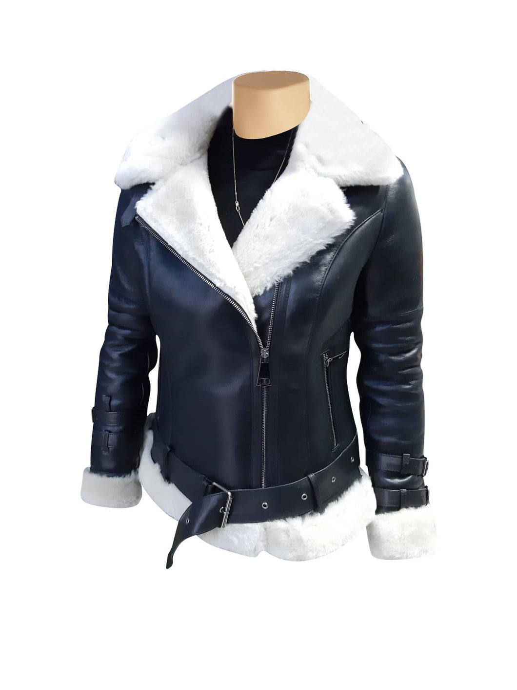 Jayne's Sheepskin Black and White Biker Shearling Jacket - Shearling leather