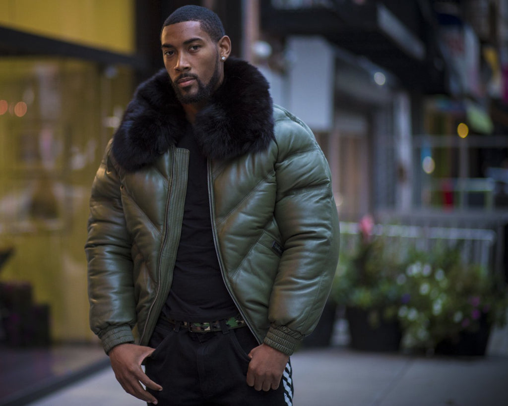 MEN V BOMBER JACKET - OLIVE GREEN ( BLACK FUR) - Shearling leather