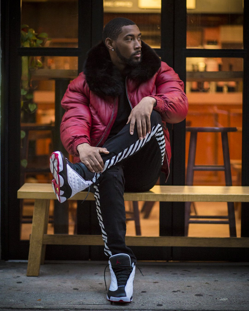 MEN V BOMBER JACKET - RED (BLACK FUR) - Shearling leather