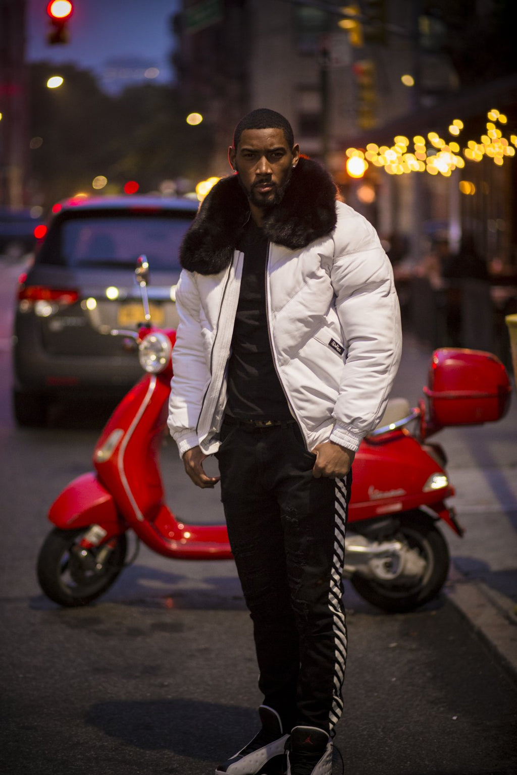 MEN V BOMBER JACKET- WHITE (BLACK FUR) - Shearling leather