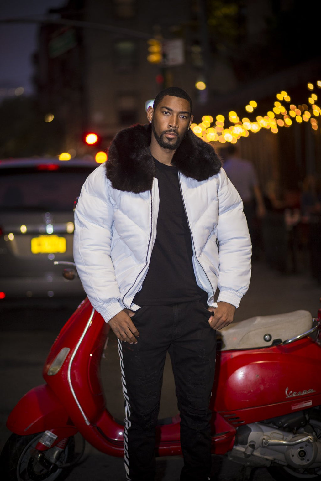 MEN V BOMBER JACKET- WHITE (BLACK FUR) - Shearling leather