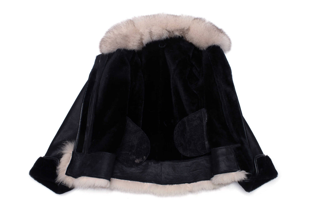 Cecily's Black Shearling Sheepskin Jacket with Fox fur trim - Shearling leather