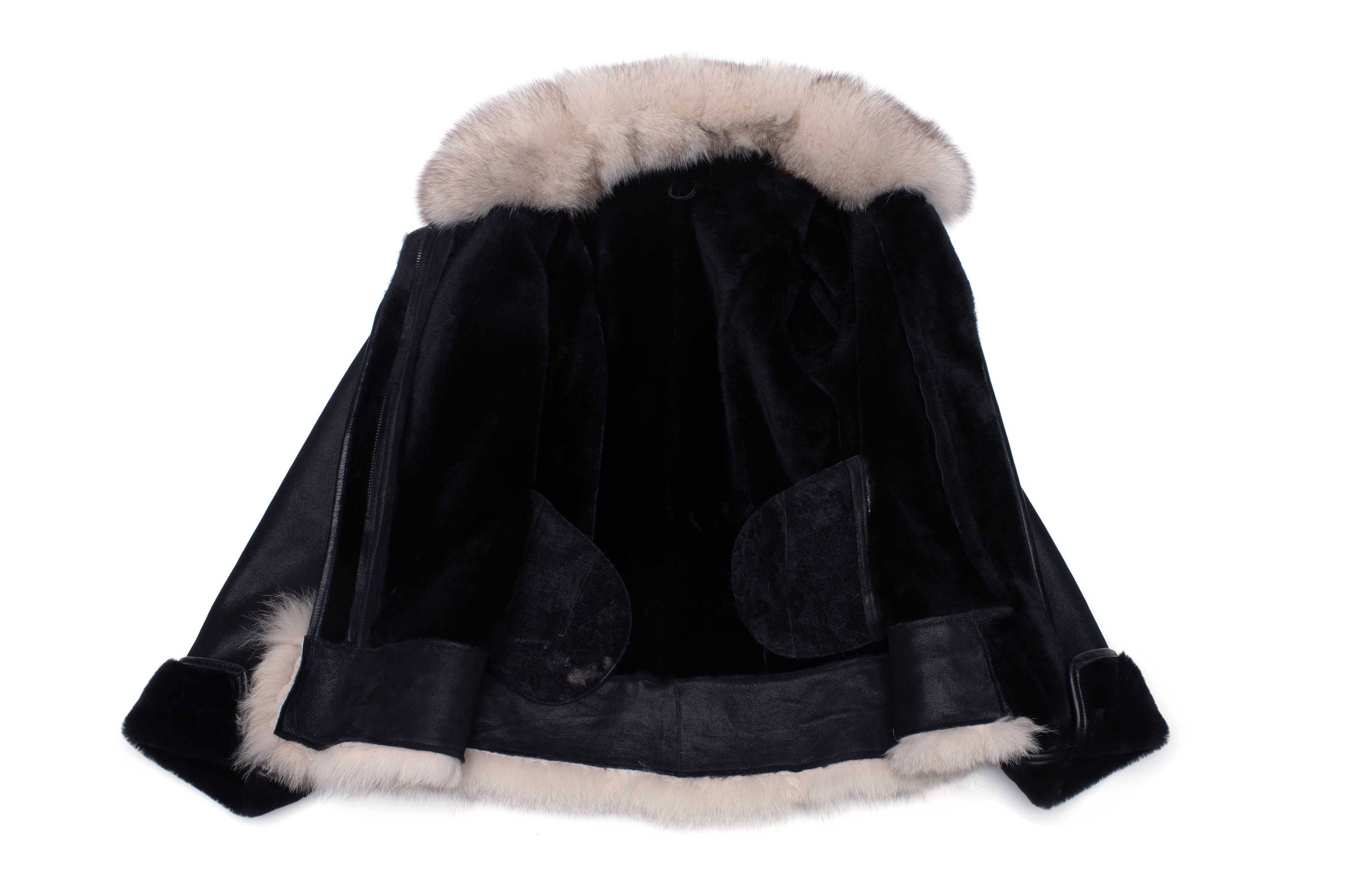 Cecily's Black Shearling Sheepskin Jacket with Fox fur trim - Shearling leather