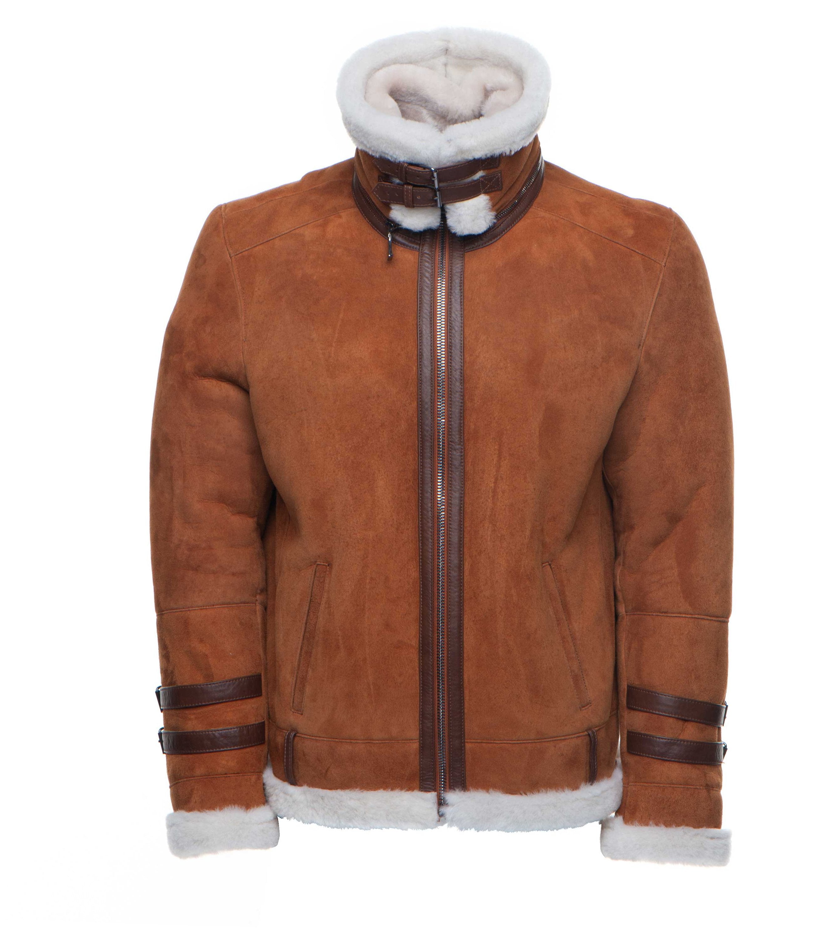Hagan's Tan Aviator Bomber Suede Shearling Jacket - Shearling leather