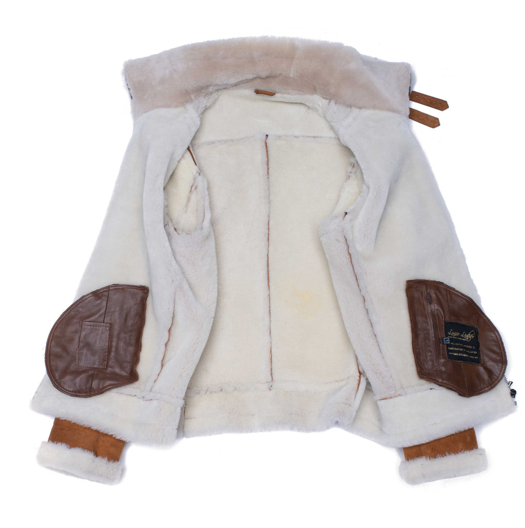 Hagan's Tan Aviator Bomber Suede Shearling Jacket - Shearling leather