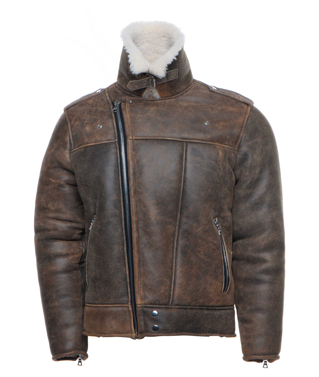 Carter's Distressed Biker bomber shearling jacket with notch lapels - Shearling leather