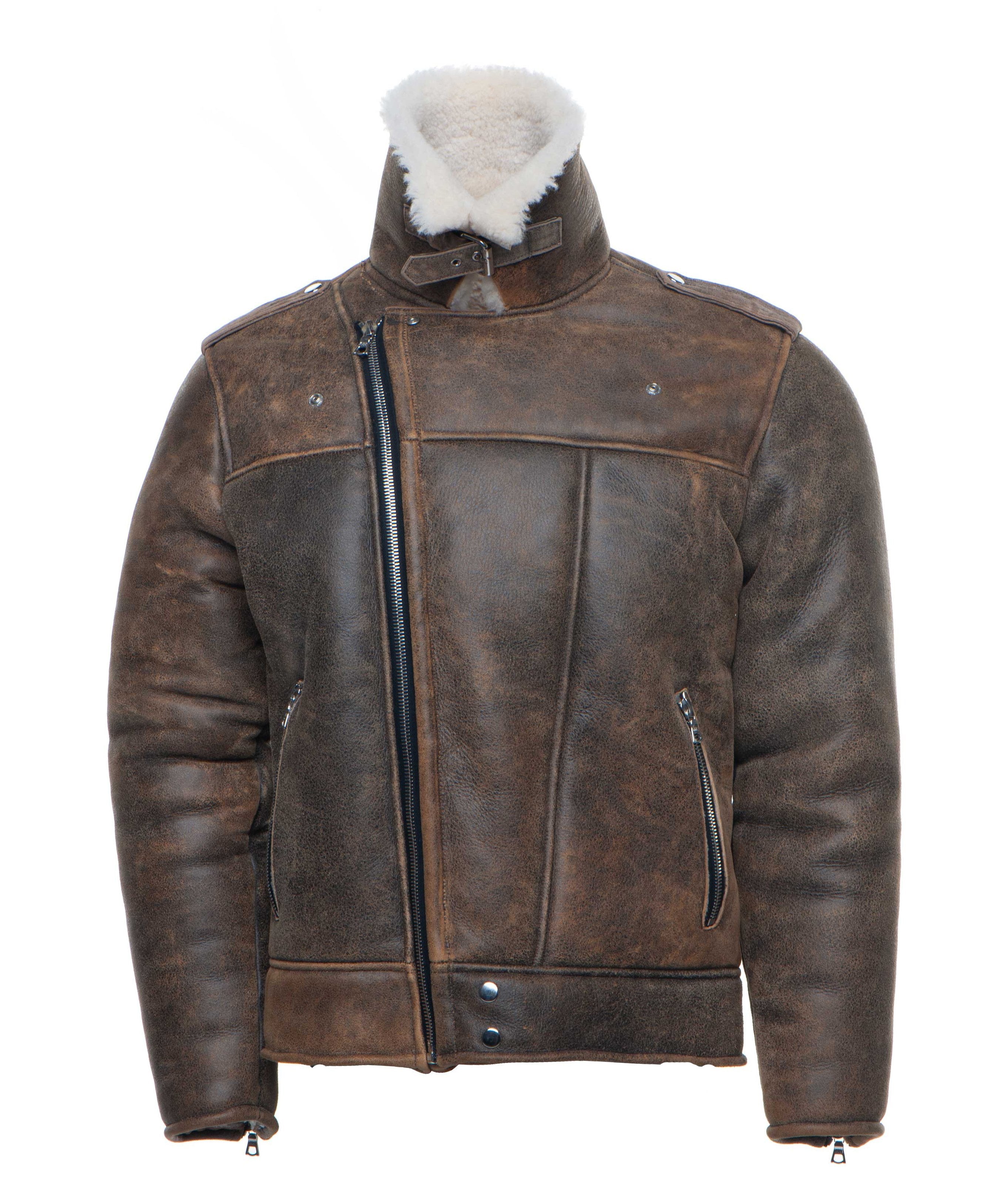 Carter's Distressed Biker bomber shearling jacket with notch lapels - Shearling leather
