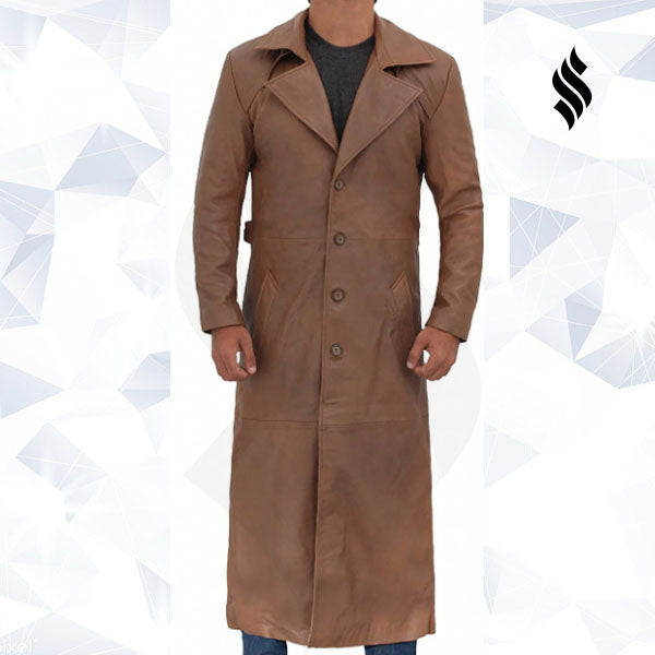 Jackson Mens Leather Long Brown Trench Coat - Shearling leather
