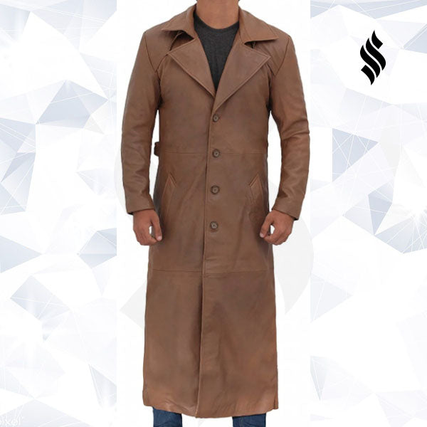 Jackson Mens Leather Long Brown Trench Coat - Shearling leather