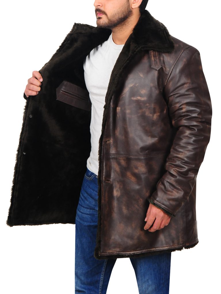 Men Distressed Brown Fur Collar Jacket - Shearling leather
