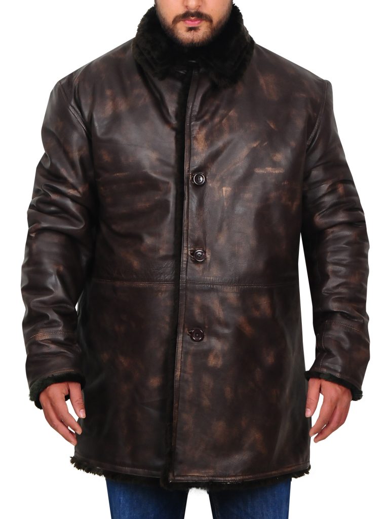 Men Distressed Brown Fur Collar Jacket - Shearling leather