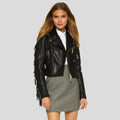 Kiana Black Biker Fringes Leather Jacket - Shearling leather