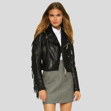 Load image into Gallery viewer, Kiana Black Biker Fringes Leather Jacket - Shearling leather
