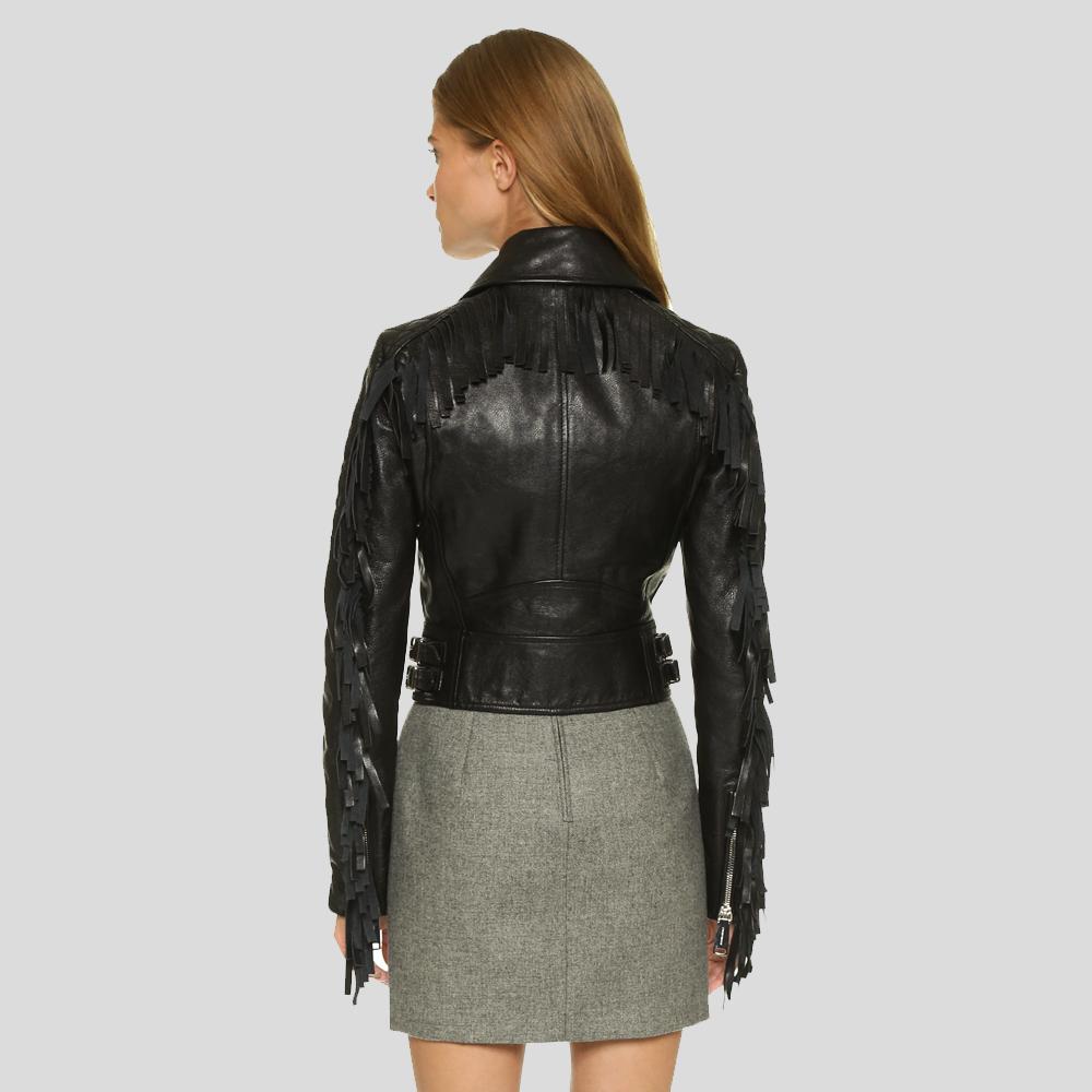 Kiana Black Biker Fringes Leather Jacket - Shearling leather
