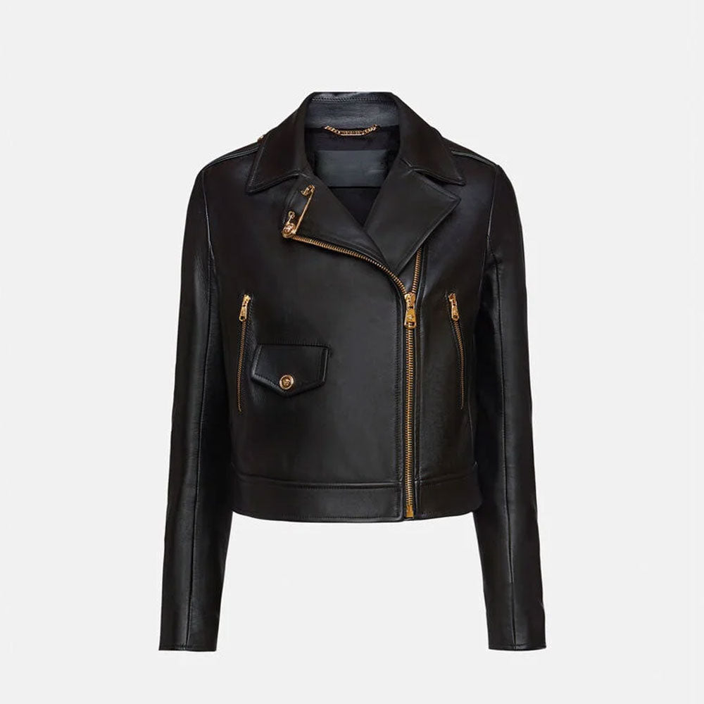 women's leather biker jacket black