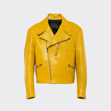 Load image into Gallery viewer, yellow women&#39;s cowhide leather biker jacket

