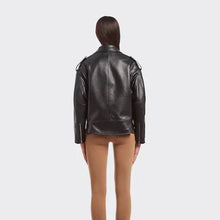 Load image into Gallery viewer, black women&#39;s lambskin leather biker jacket

