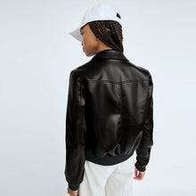Load image into Gallery viewer, Black Women Aviator Sheepskin Shearling Motorbike  Leather Bomber Jacket
