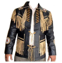 Load image into Gallery viewer, Men&#39;s Leather Jacket Western Wear Cowboy Black Beige Fringe Jacket - Shearling leather
